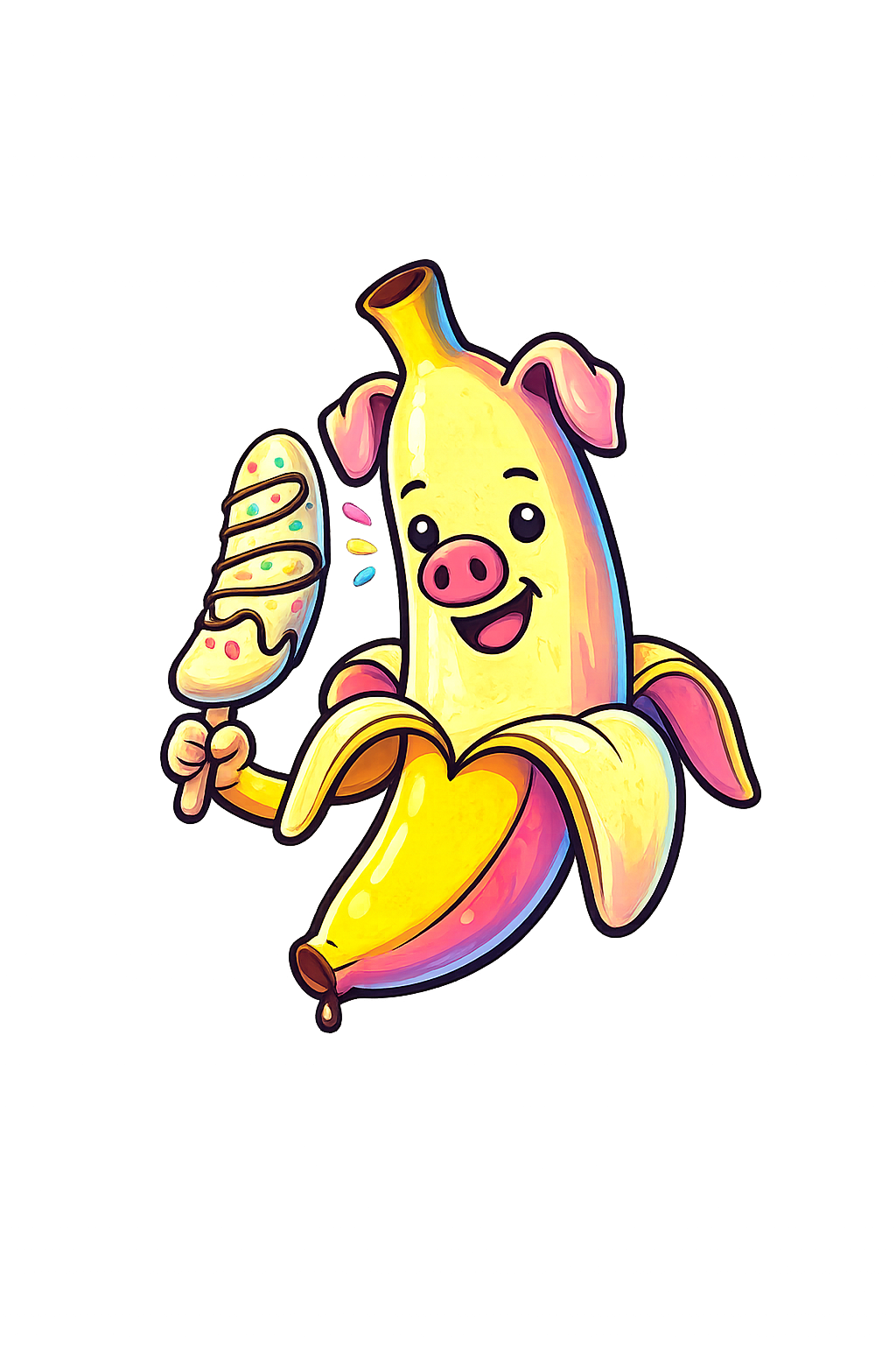 Banana Pig mascot with white chocolate frozen banana